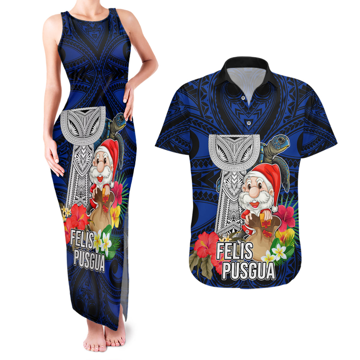 Guam Christmas Couples Matching Tank Maxi Dress and Hawaiian Shirt Santa Gift Latte Stone and Sea Turle Mix Hibiscus Chamorro Blue Style LT03