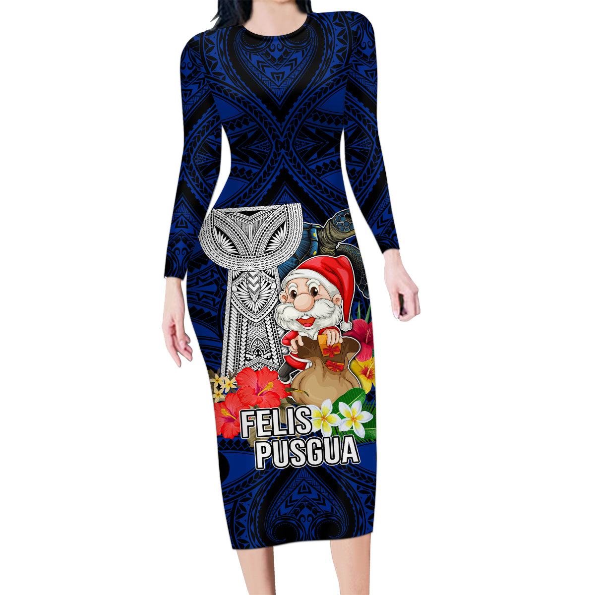 Guam Christmas Family Matching Long Sleeve Bodycon Dress and Hawaiian Shirt Santa Gift Latte Stone and Sea Turle Mix Hibiscus Chamorro Blue Style LT03