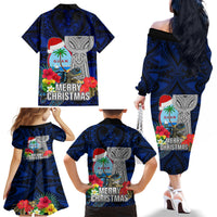 Guam Christmas Family Matching Off Shoulder Long Sleeve Dress and Hawaiian Shirt Santa Gift Latte Stone and Sea Turle Mix Hibiscus Chamorro Blue Style LT03