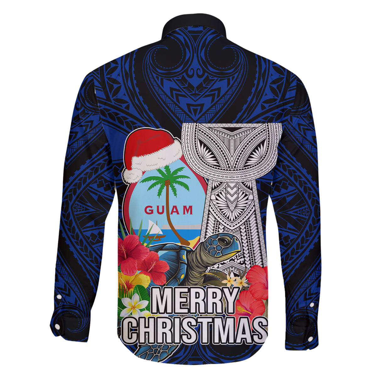 Guam Christmas Family Matching Off Shoulder Short Dress and Hawaiian Shirt Santa Gift Latte Stone and Sea Turle Mix Hibiscus Chamorro Blue Style LT03