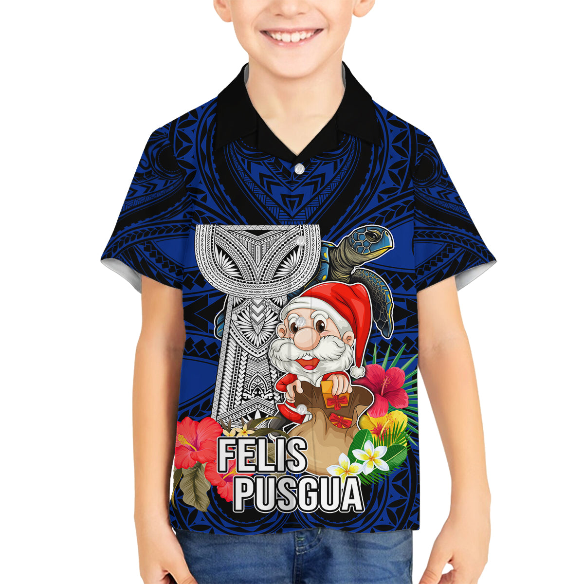 Guam Christmas Family Matching Puletasi Dress and Hawaiian Shirt Santa Gift Latte Stone and Sea Turle Mix Hibiscus Chamorro Blue Style LT03