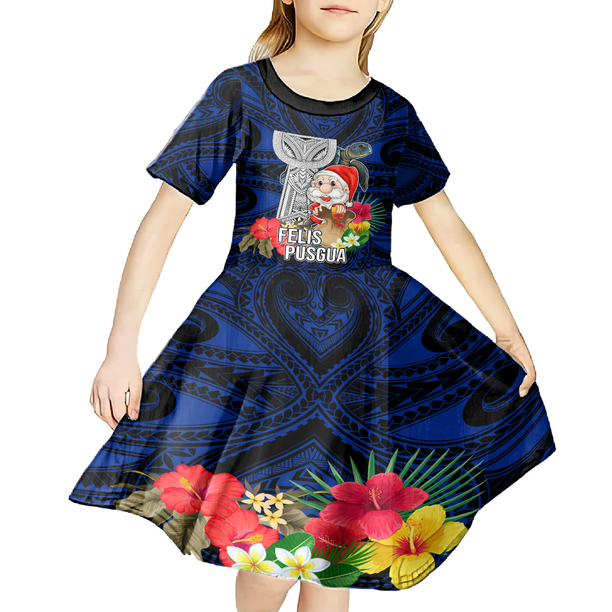 Guam Christmas Kid Short Sleeve Dress Santa Gift Latte Stone and Sea Turle Mix Hibiscus Chamorro Blue Style LT03