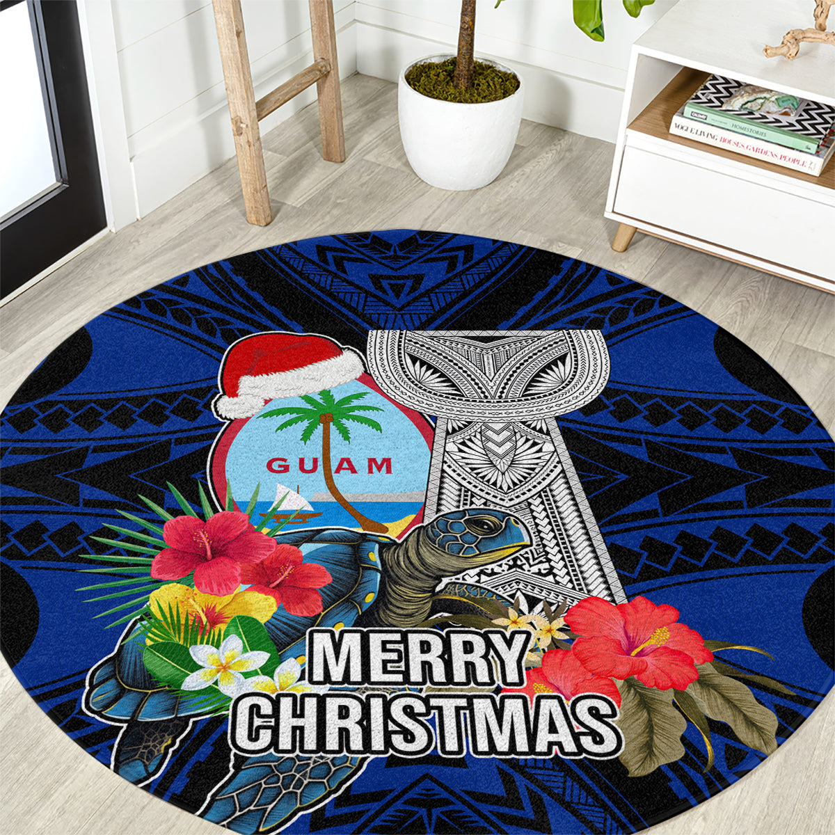 Guam Christmas Round Carpet Santa Gift Latte Stone and Sea Turle Mix Hibiscus Chamorro Blue Style LT03 red - Polynesian Pride