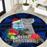 Guam Christmas Round Carpet Santa Gift Latte Stone and Sea Turle Mix Hibiscus Chamorro Blue Style LT03 red - Polynesian Pride