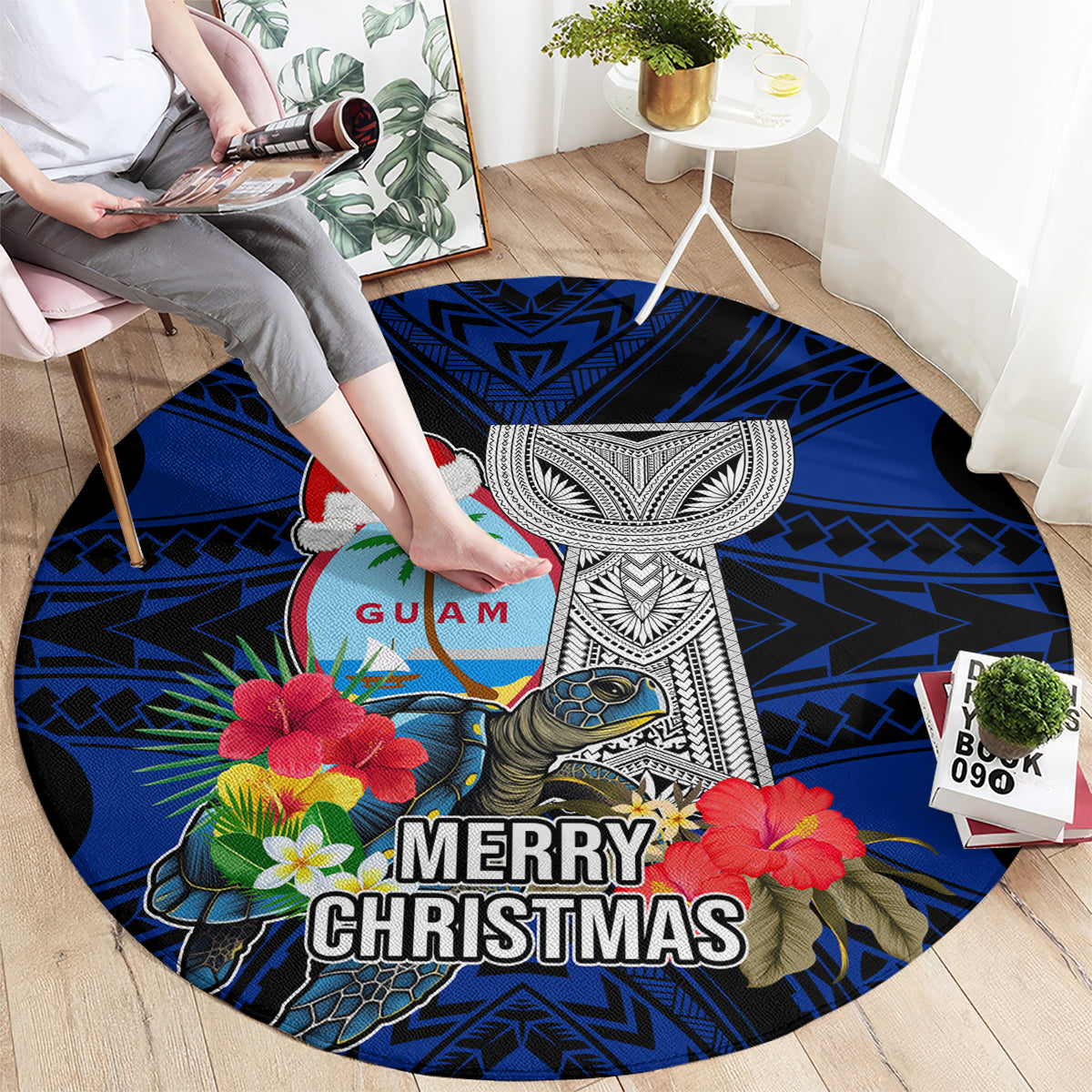 Guam Christmas Round Carpet Santa Gift Latte Stone and Sea Turle Mix Hibiscus Chamorro Blue Style LT03 - Polynesian Pride