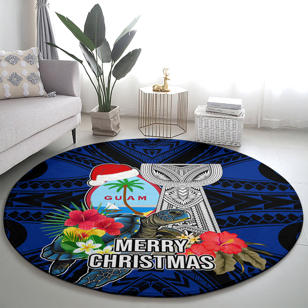 Guam Christmas Round Carpet Santa Gift Latte Stone and Sea Turle Mix Hibiscus Chamorro Blue Style LT03 - Polynesian Pride