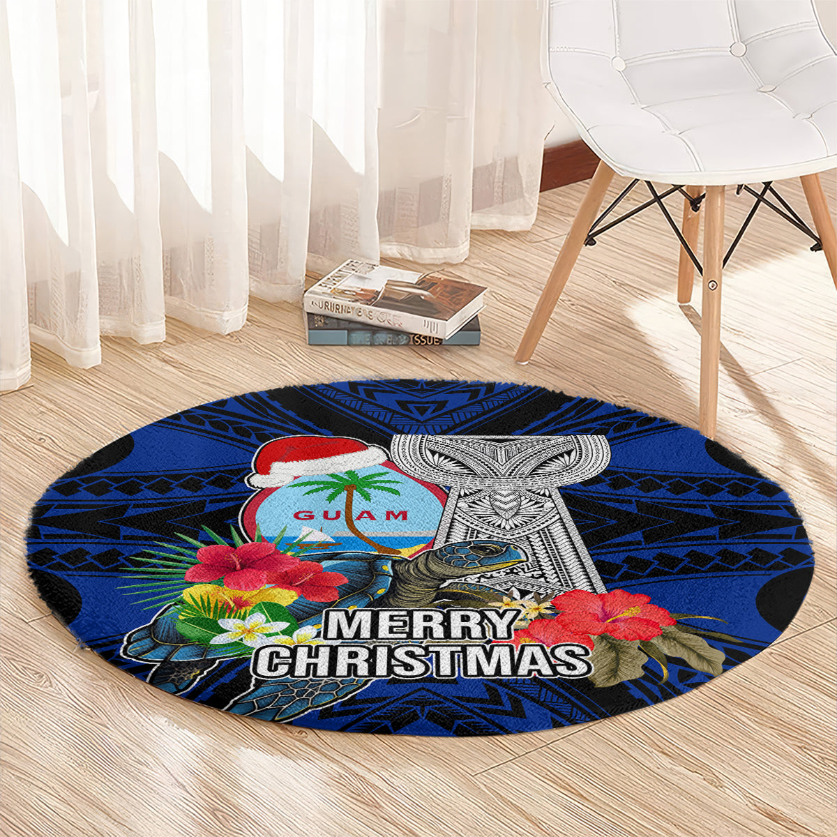 Guam Christmas Round Carpet Santa Gift Latte Stone and Sea Turle Mix Hibiscus Chamorro Blue Style LT03 - Polynesian Pride