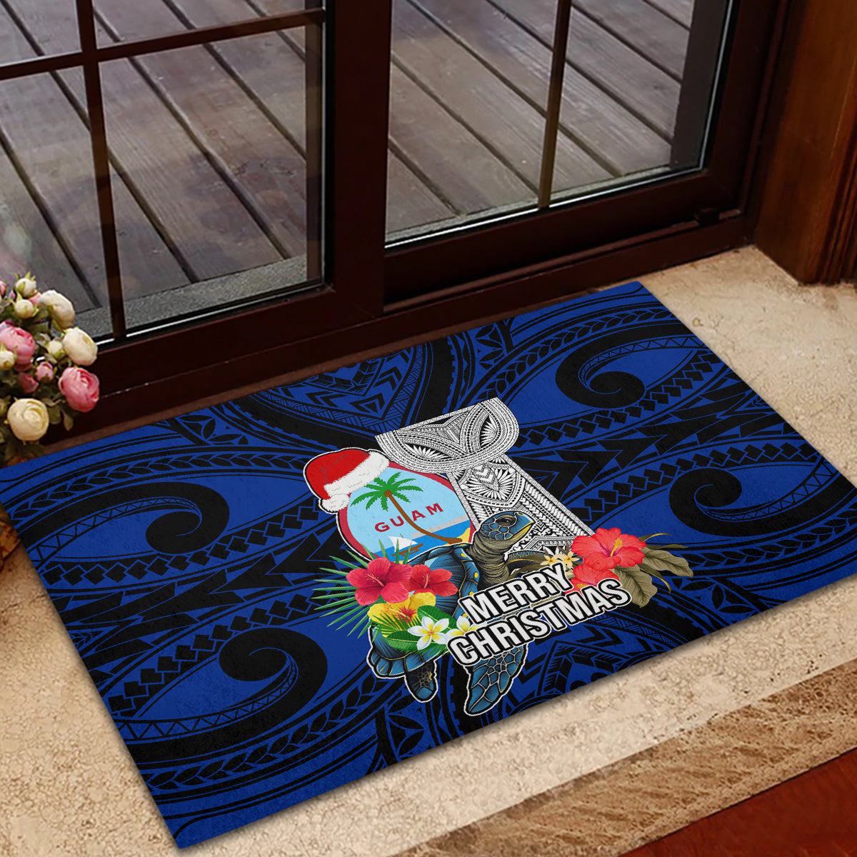 Guam Christmas Rubber Doormat Santa Gift Latte Stone and Sea Turle Mix Hibiscus Chamorro Blue Style LT03 - Polynesian Pride