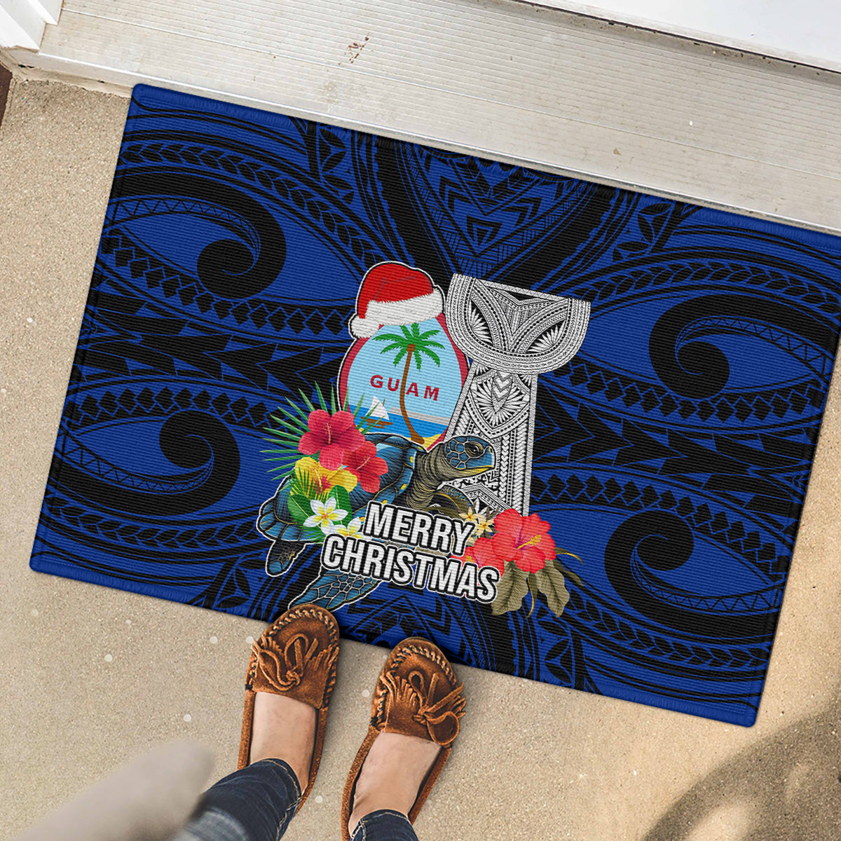Guam Christmas Rubber Doormat Santa Gift Latte Stone and Sea Turle Mix Hibiscus Chamorro Blue Style LT03 - Polynesian Pride