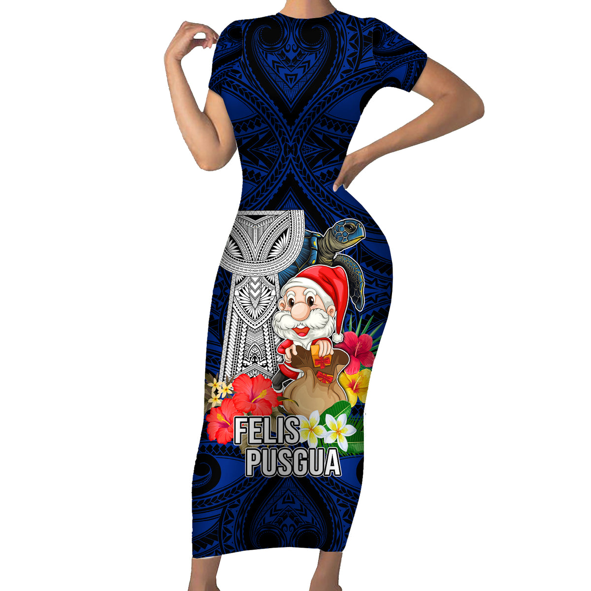 Guam Christmas Short Sleeve Bodycon Dress Santa Gift Latte Stone and Sea Turle Mix Hibiscus Chamorro Blue Style LT03