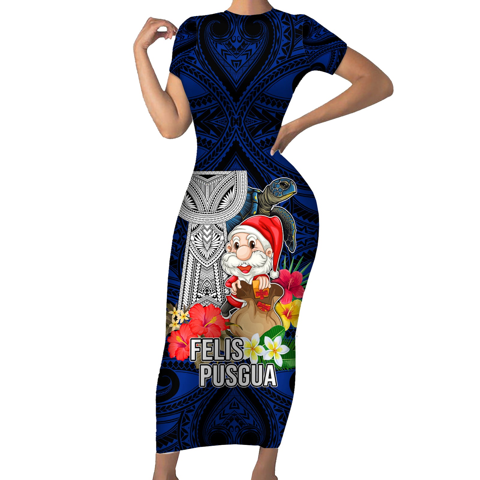 Guam Christmas Short Sleeve Bodycon Dress Santa Gift Latte Stone and Sea Turle Mix Hibiscus Chamorro Blue Style LT03