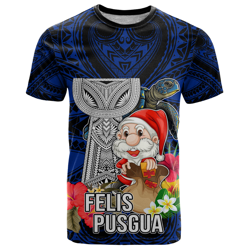 Guam Christmas T Shirt Santa Gift Latte Stone and Sea Turle Mix Hibiscus Chamorro Blue Style LT03