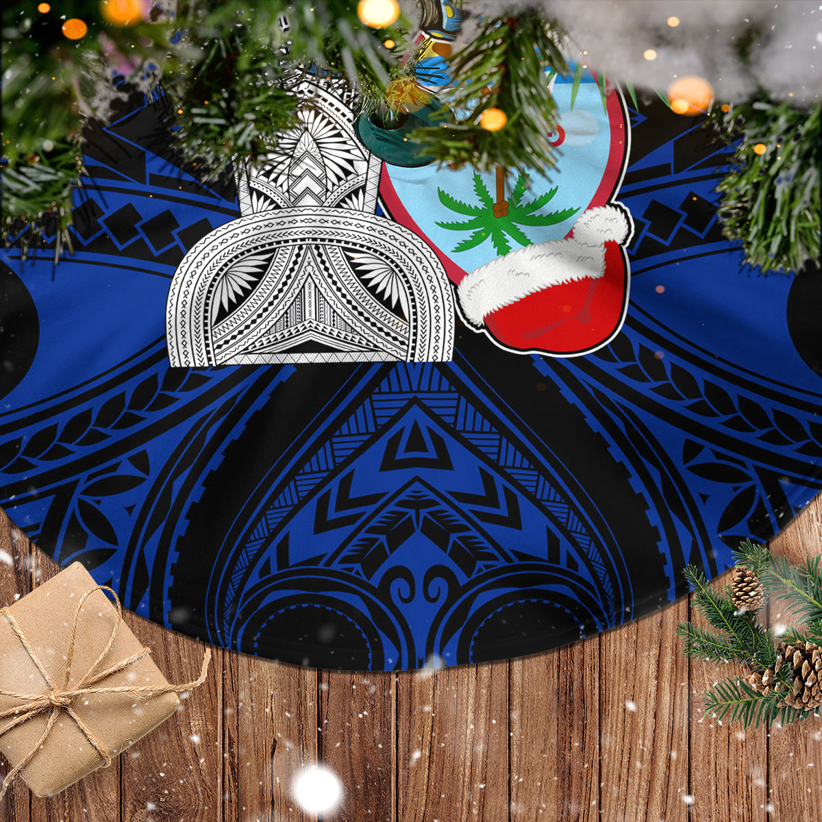 Guam Christmas Tree Skirt Santa Gift Latte Stone and Sea Turle Mix Hibiscus Chamorro Blue Style LT03