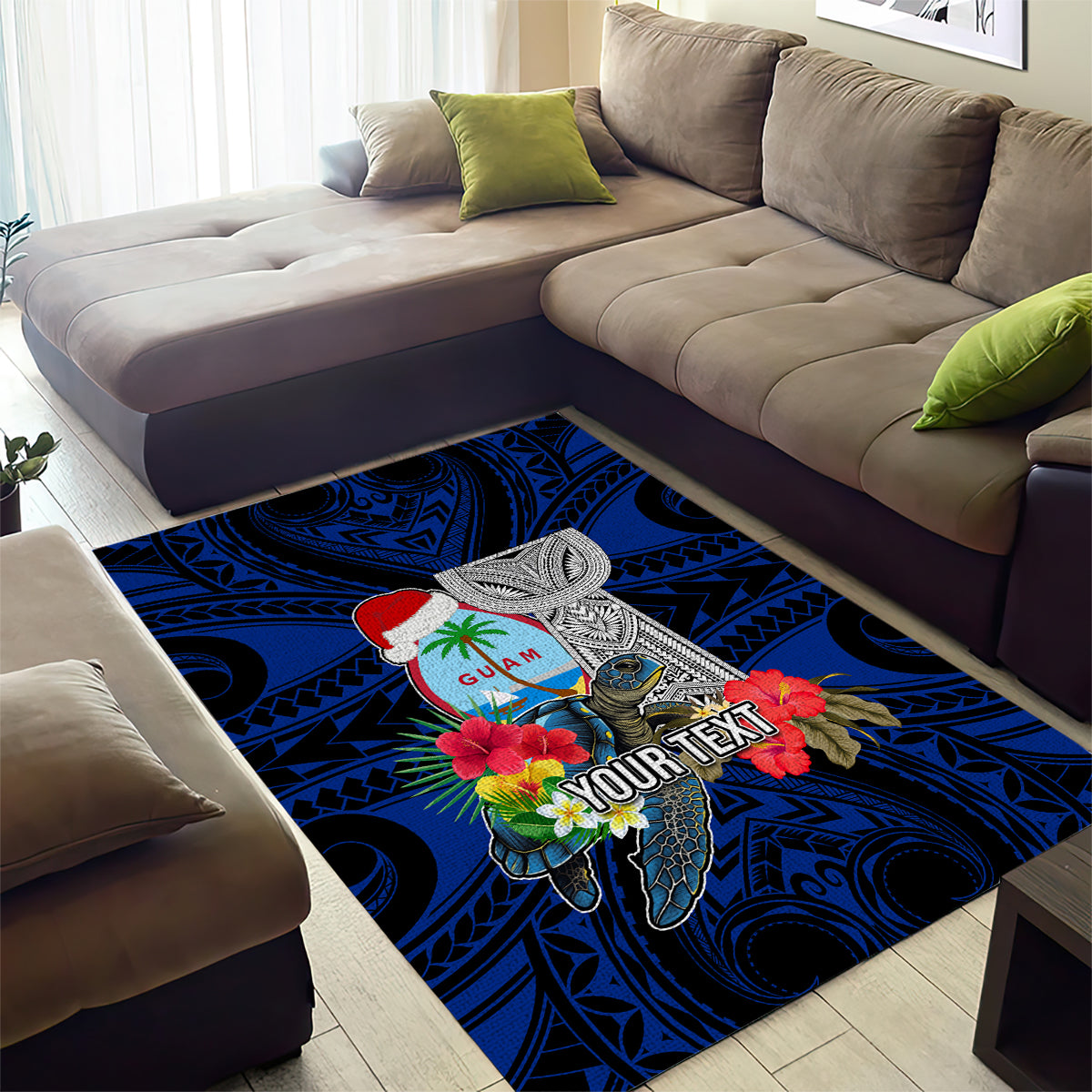 Custom Guam Christmas Area Rug Santa Gift Latte Stone and Sea Turle Mix Hibiscus Chamorro Blue Style LT03
