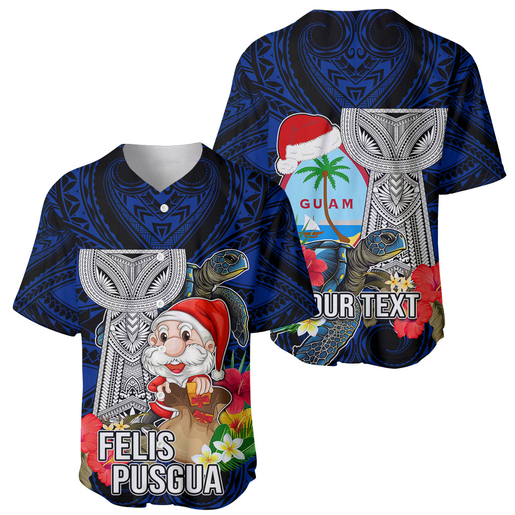 Custom Guam Christmas Baseball Jersey Santa Gift Latte Stone and Sea Turle Mix Hibiscus Chamorro Blue Style LT03