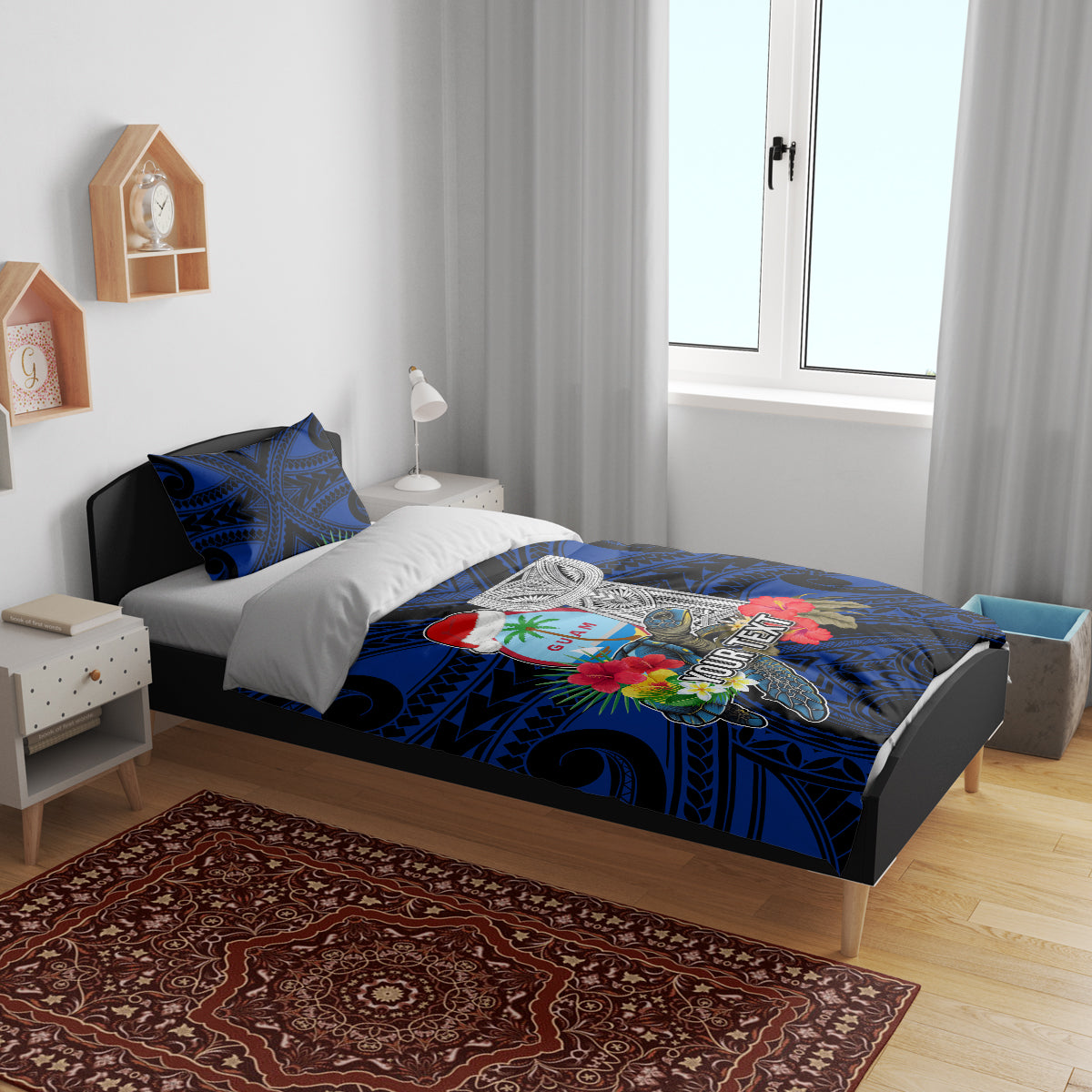 Custom Guam Christmas Bedding Set Santa Gift Latte Stone and Sea Turle Mix Hibiscus Chamorro Blue Style LT03