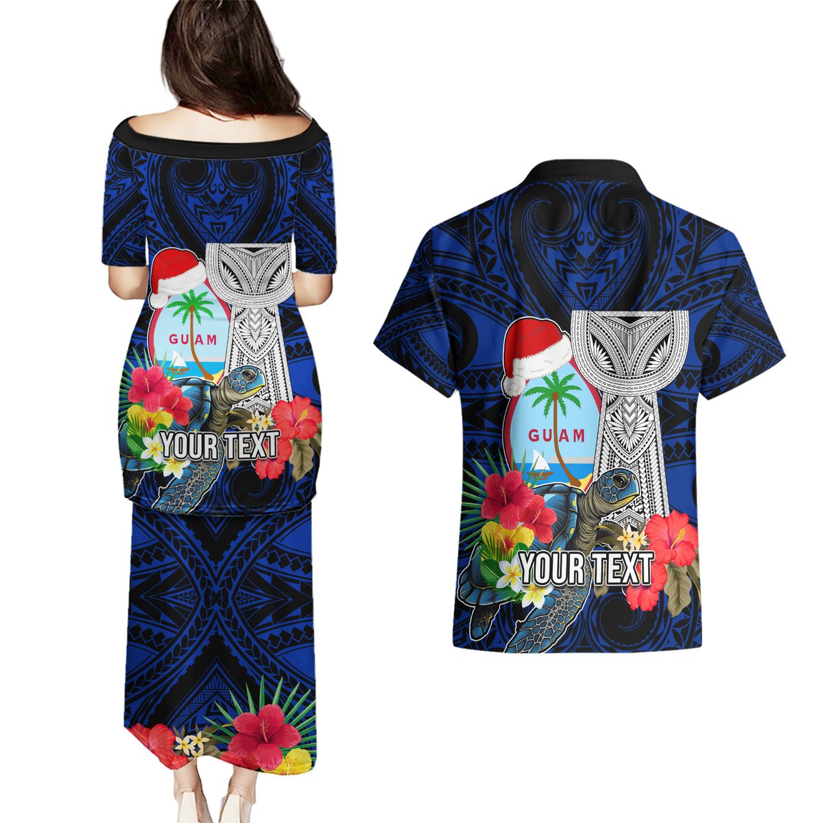 Custom Guam Christmas Couples Matching Puletasi Dress and Hawaiian Shirt Santa Gift Latte Stone and Sea Turle Mix Hibiscus Chamorro Blue Style LT03