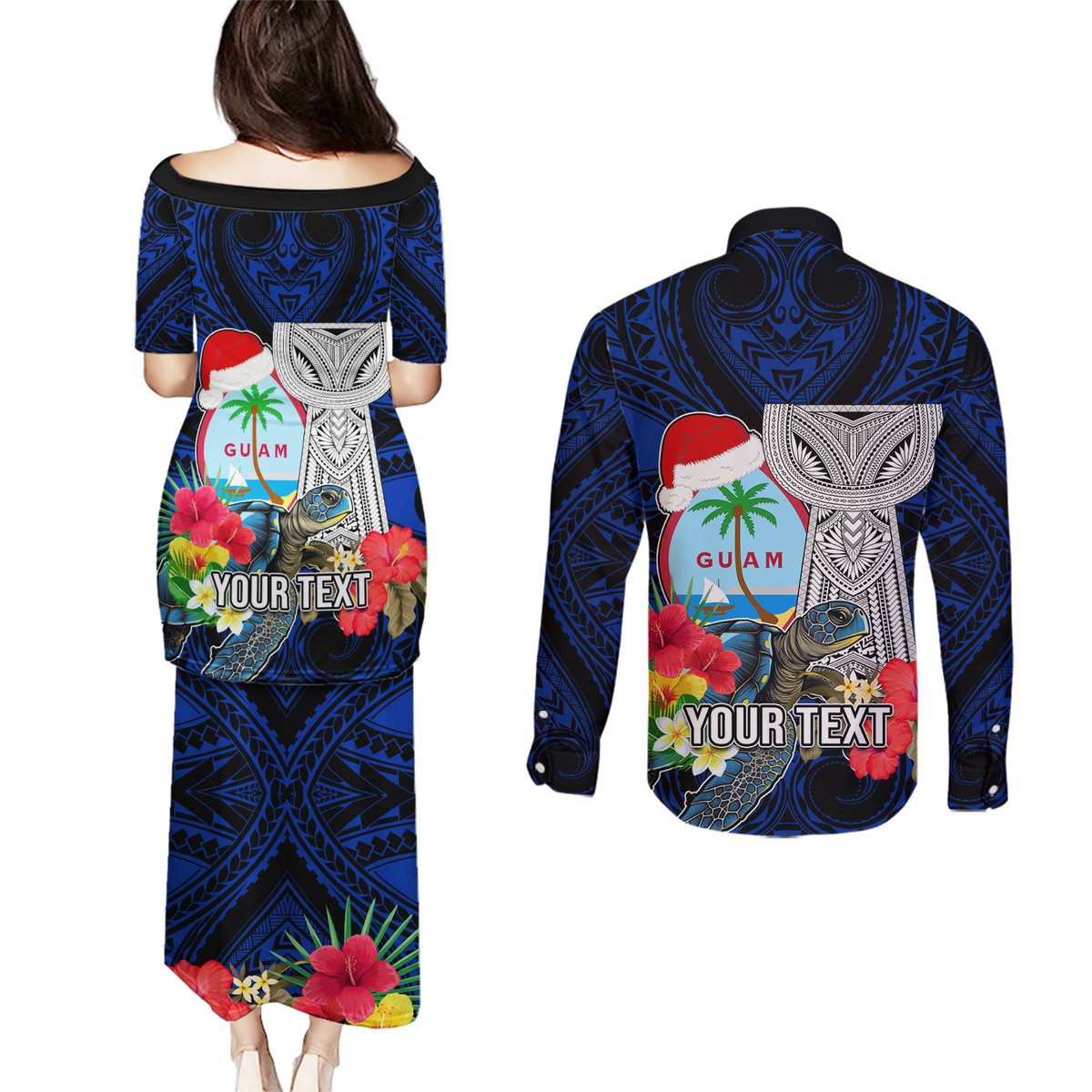 Custom Guam Christmas Couples Matching Puletasi Dress and Long Sleeve Button Shirt Santa Gift Latte Stone and Sea Turle Mix Hibiscus Chamorro Blue Style LT03