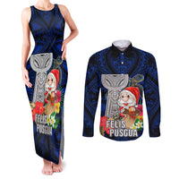Custom Guam Christmas Couples Matching Tank Maxi Dress and Long Sleeve Button Shirt Santa Gift Latte Stone and Sea Turle Mix Hibiscus Chamorro Blue Style LT03