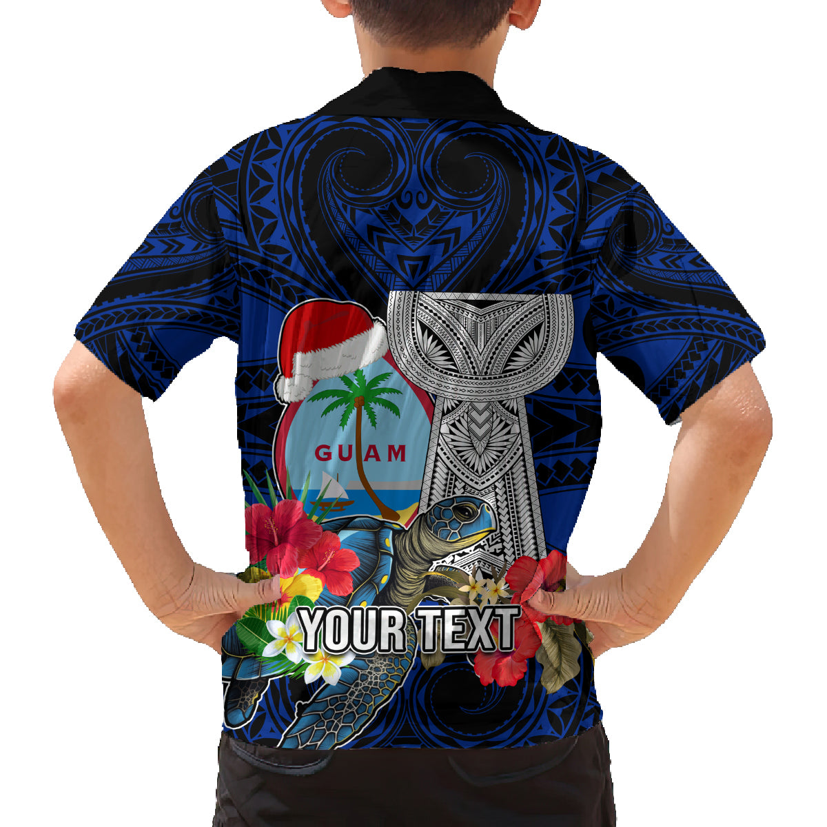 Custom Guam Christmas Family Matching Puletasi Dress and Hawaiian Shirt Santa Gift Latte Stone and Sea Turle Mix Hibiscus Chamorro Blue Style LT03