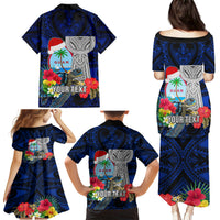 Custom Guam Christmas Family Matching Puletasi Dress and Hawaiian Shirt Santa Gift Latte Stone and Sea Turle Mix Hibiscus Chamorro Blue Style LT03