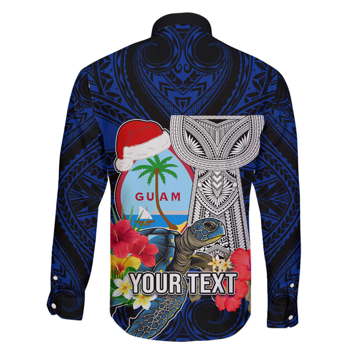 Custom Guam Christmas Family Matching Puletasi Dress and Hawaiian Shirt Santa Gift Latte Stone and Sea Turle Mix Hibiscus Chamorro Blue Style LT03