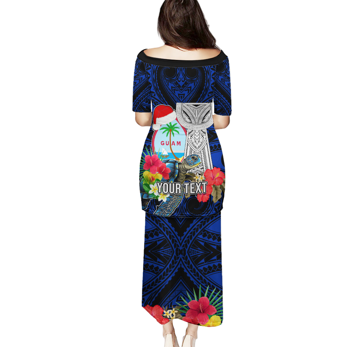 Custom Guam Christmas Family Matching Puletasi Dress and Hawaiian Shirt Santa Gift Latte Stone and Sea Turle Mix Hibiscus Chamorro Blue Style LT03