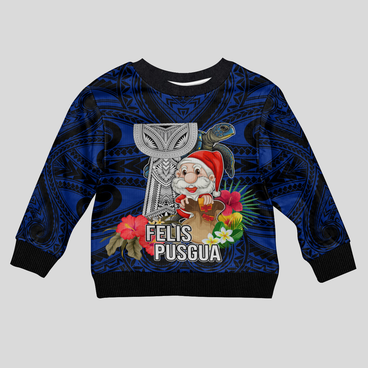 Custom Guam Christmas Kid Ugly Christmas Sweater Santa Gift Latte Stone and Sea Turle Mix Hibiscus Chamorro Blue Style LT03 Kid Blue - Polynesian Pride