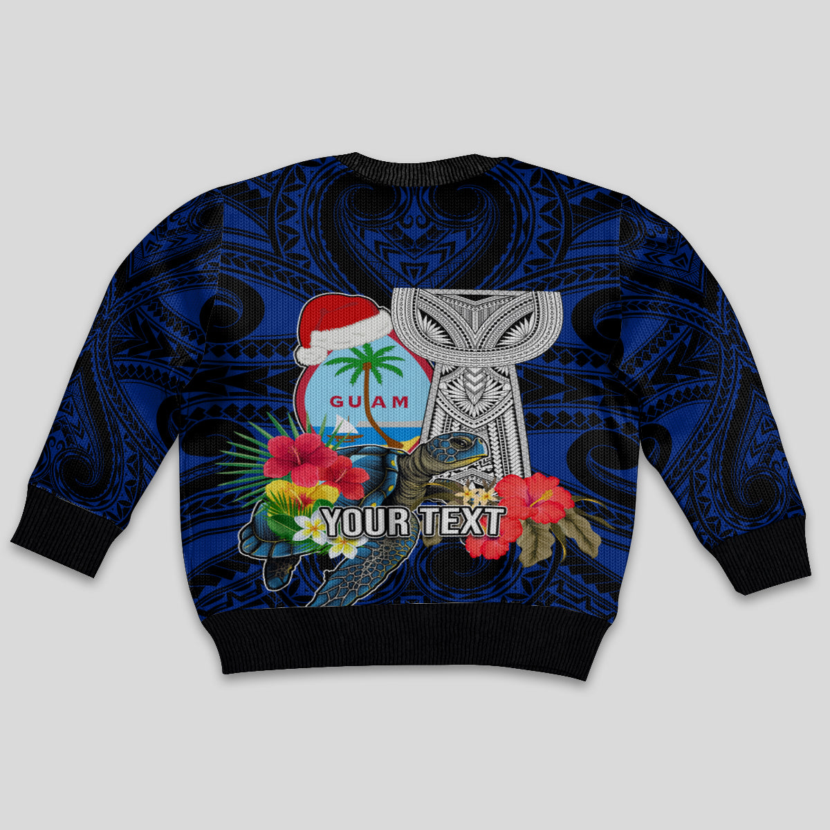 Custom Guam Christmas Kid Ugly Christmas Sweater Santa Gift Latte Stone and Sea Turle Mix Hibiscus Chamorro Blue Style LT03 - Polynesian Pride