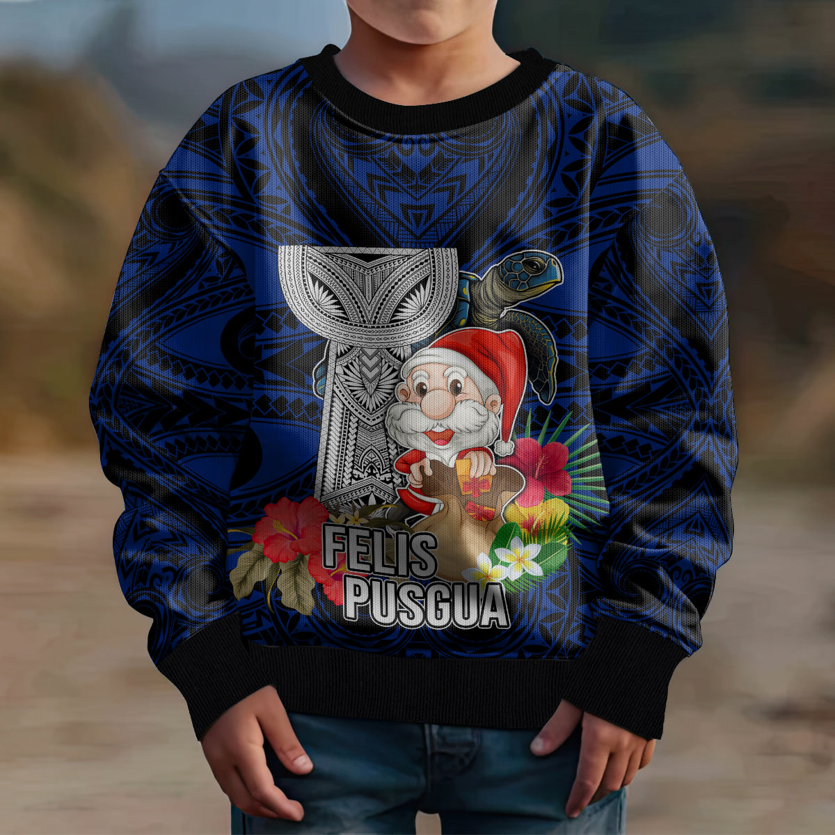 Custom Guam Christmas Kid Ugly Christmas Sweater Santa Gift Latte Stone and Sea Turle Mix Hibiscus Chamorro Blue Style LT03 - Polynesian Pride