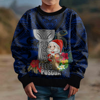 Custom Guam Christmas Kid Ugly Christmas Sweater Santa Gift Latte Stone and Sea Turle Mix Hibiscus Chamorro Blue Style LT03 - Polynesian Pride