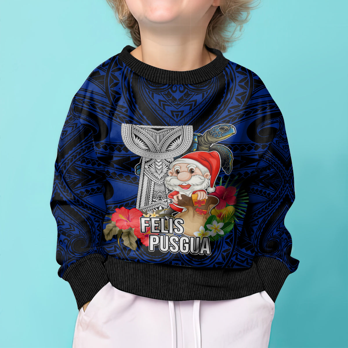 Custom Guam Christmas Kid Ugly Christmas Sweater Santa Gift Latte Stone and Sea Turle Mix Hibiscus Chamorro Blue Style LT03 - Polynesian Pride