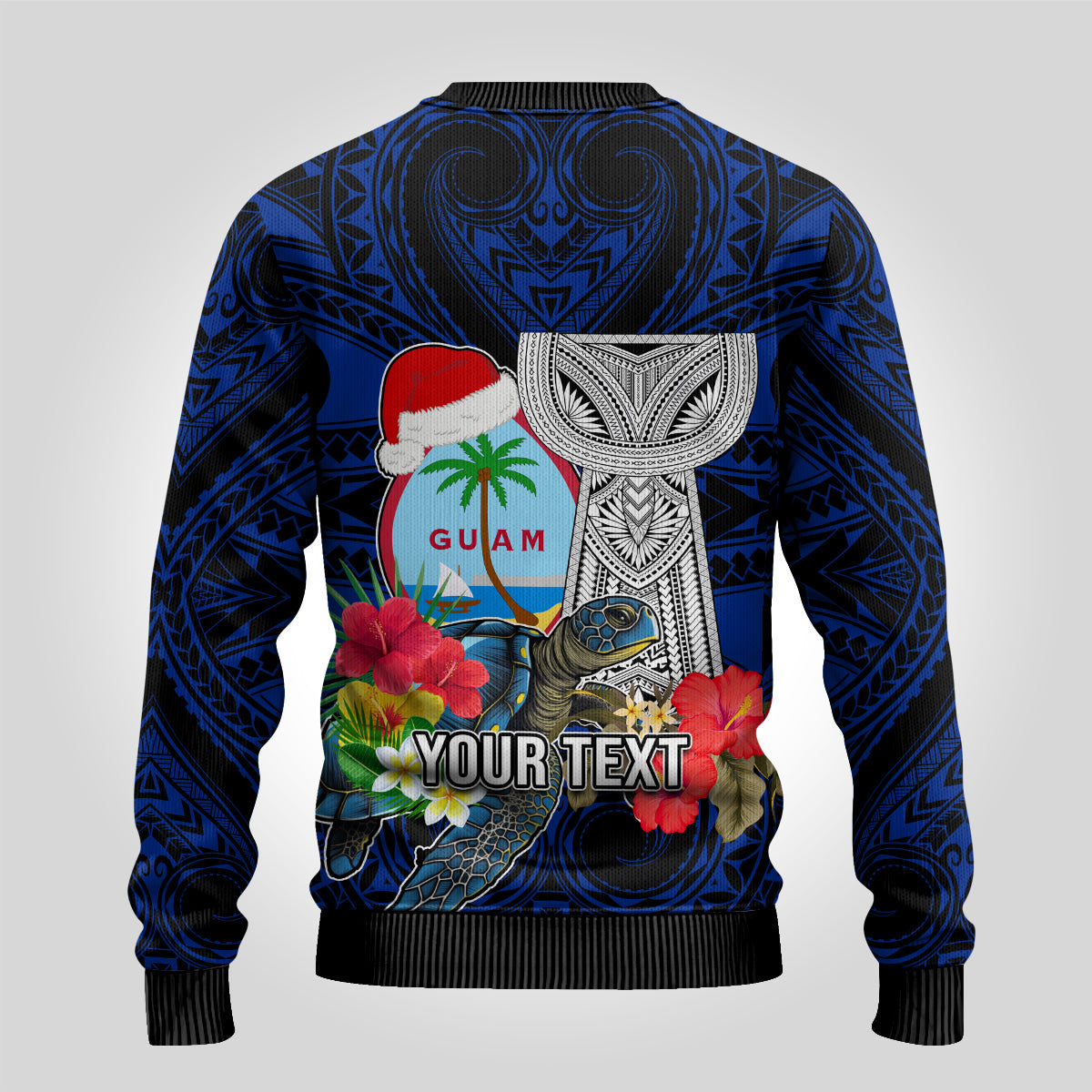 Custom Guam Christmas Ugly Christmas Sweater Santa Gift Latte Stone and Sea Turle Mix Hibiscus Chamorro Blue Style LT03