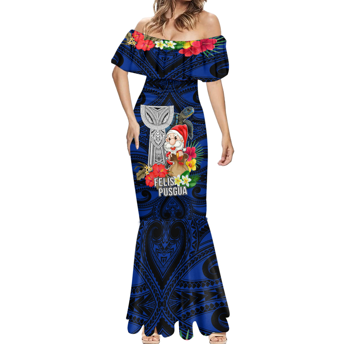Custom Guam Christmas Mermaid Dress Santa Gift Latte Stone and Sea Turle Mix Hibiscus Chamorro Blue Style LT03