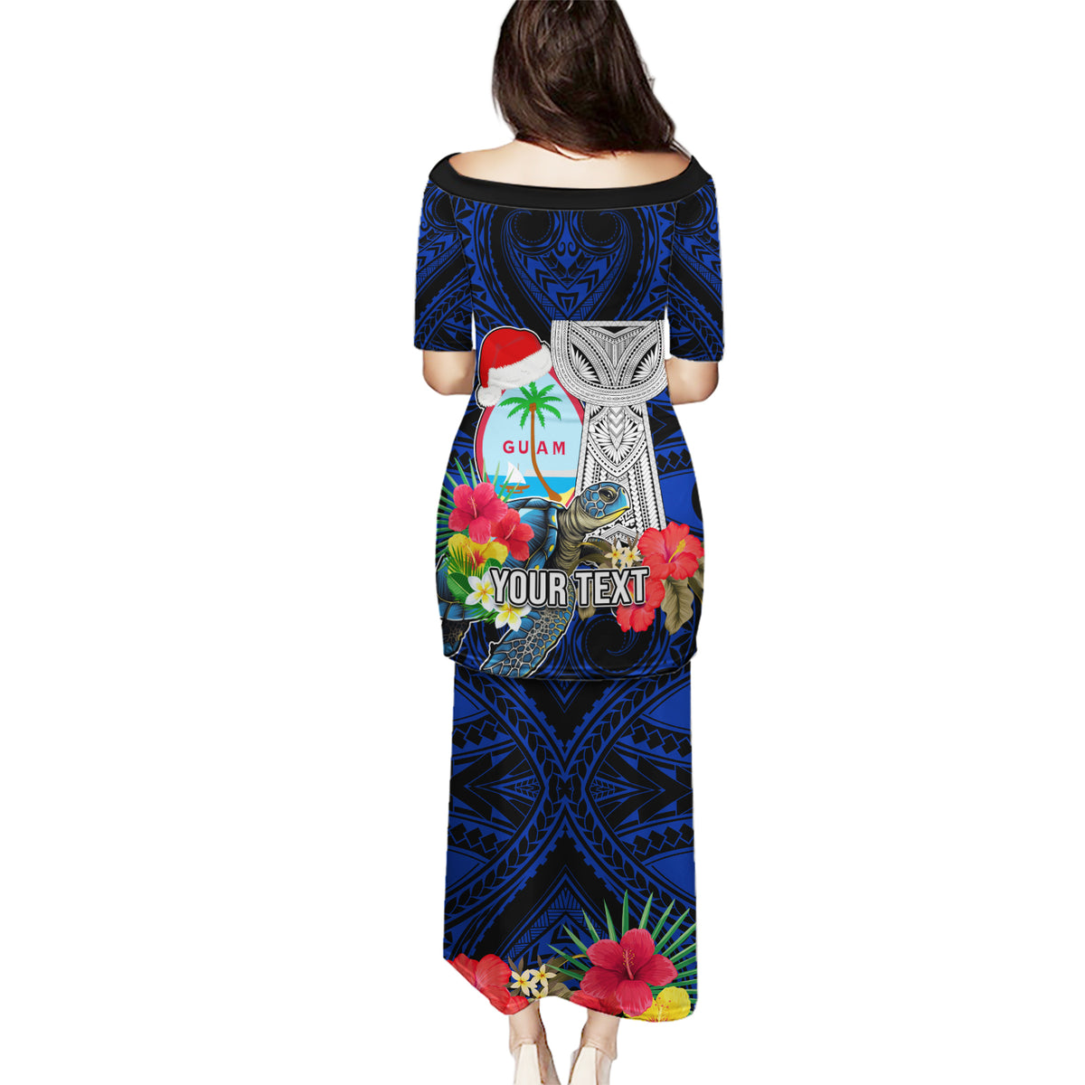 Custom Guam Christmas Puletasi Santa Gift Latte Stone and Sea Turle Mix Hibiscus Chamorro Blue Style LT03