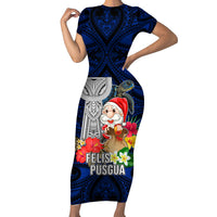 Custom Guam Christmas Short Sleeve Bodycon Dress Santa Gift Latte Stone and Sea Turle Mix Hibiscus Chamorro Blue Style LT03
