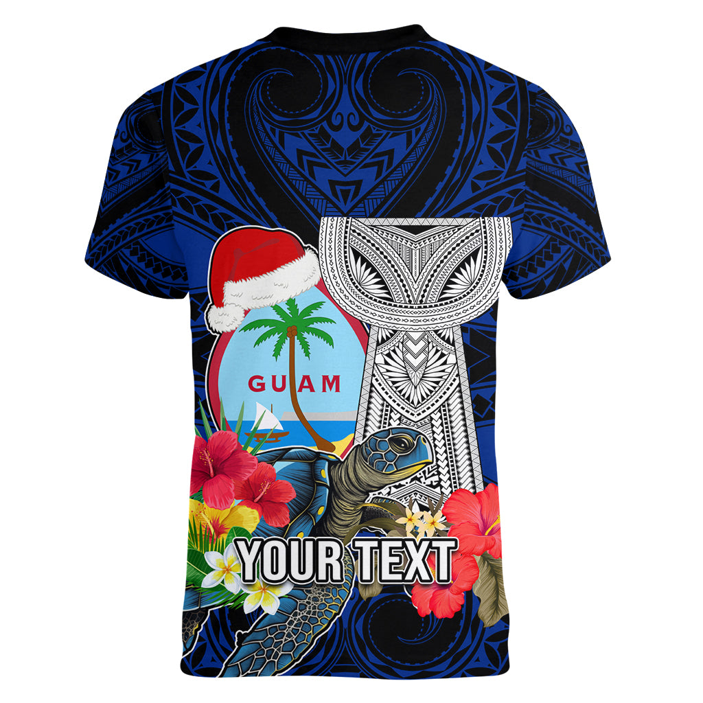Custom Guam Christmas Women V Neck T Shirt Santa Gift Latte Stone and Sea Turle Mix Hibiscus Chamorro Blue Style LT03