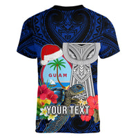 Custom Guam Christmas Women V Neck T Shirt Santa Gift Latte Stone and Sea Turle Mix Hibiscus Chamorro Blue Style LT03