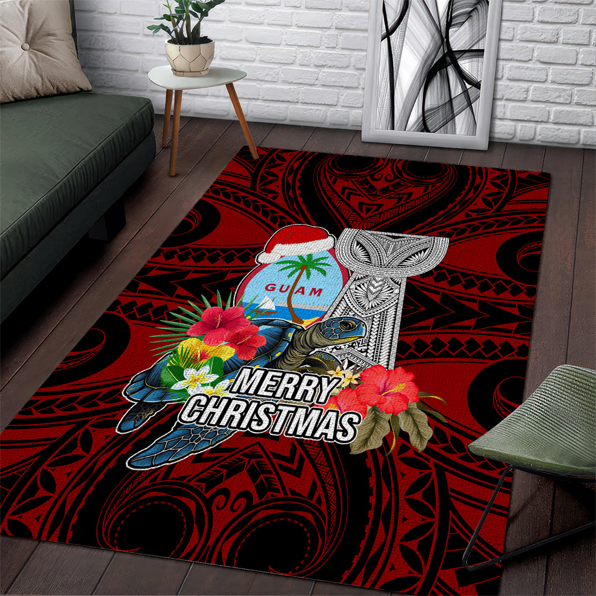 Guam Christmas Area Rug Santa Gift Latte Stone and Sea Turle Mix Hibiscus Chamorro Red Style LT03