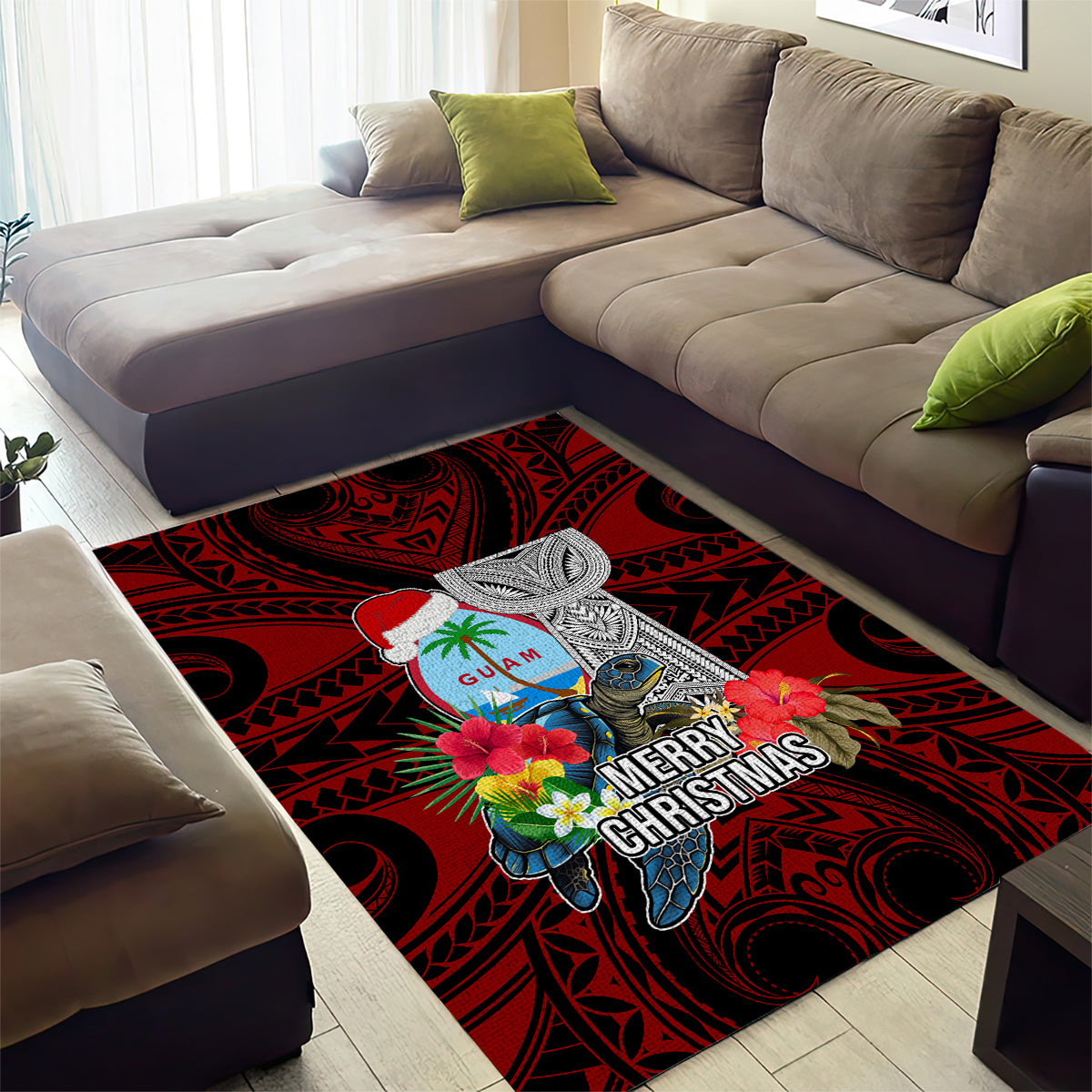 Guam Christmas Area Rug Santa Gift Latte Stone and Sea Turle Mix Hibiscus Chamorro Red Style LT03