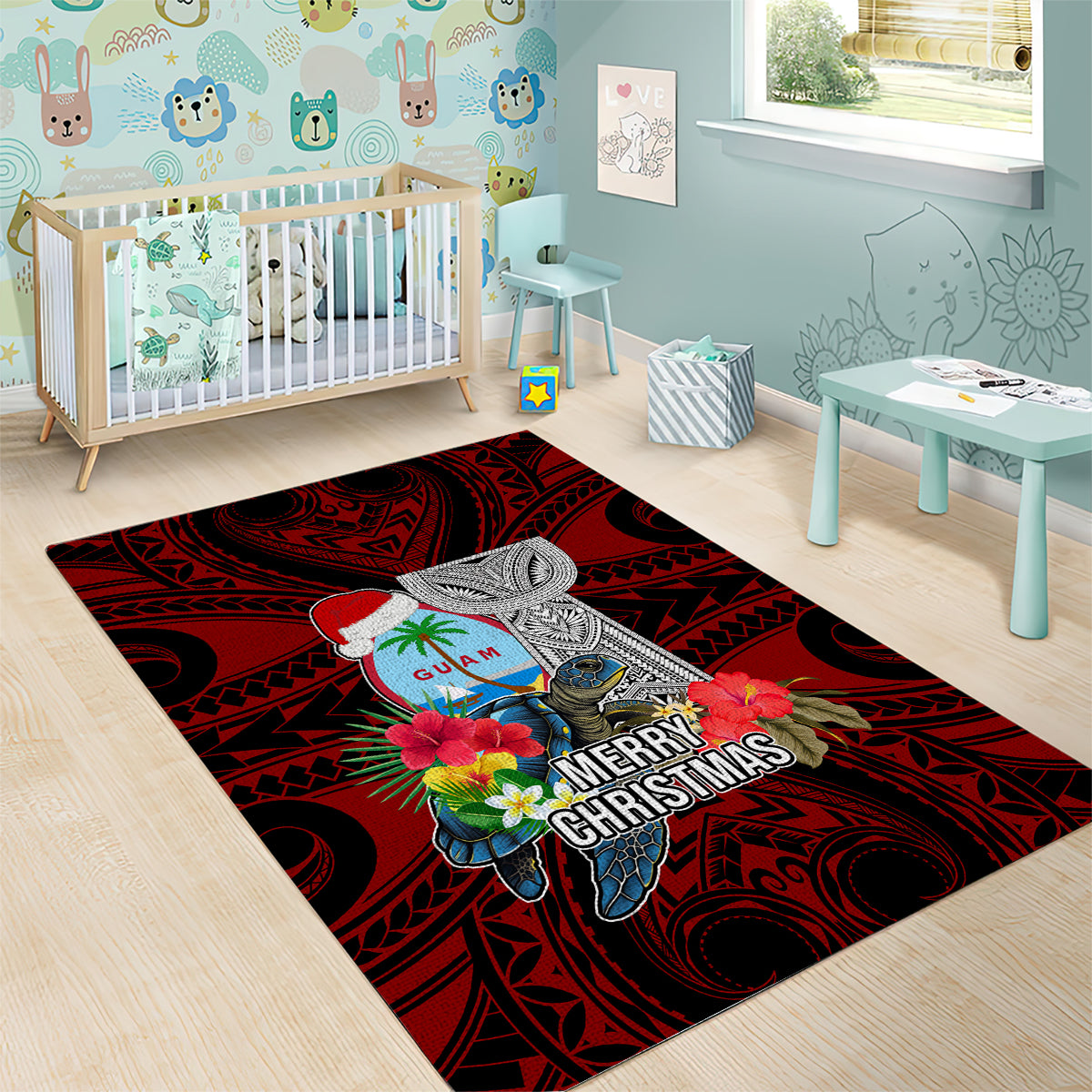 Guam Christmas Area Rug Santa Gift Latte Stone and Sea Turle Mix Hibiscus Chamorro Red Style LT03