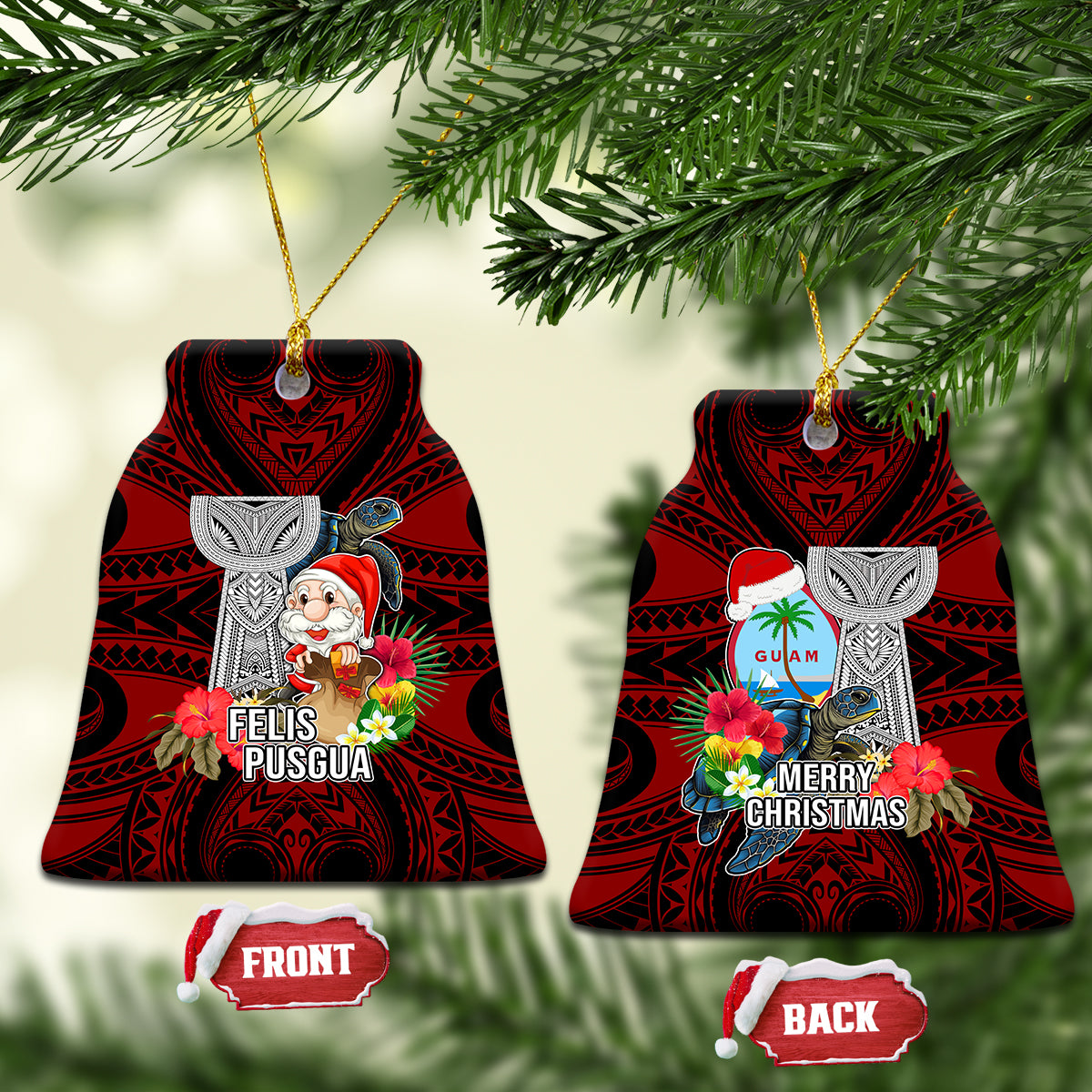 Guam Christmas Ceramic Ornament Santa Gift Latte Stone and Sea Turle Mix Hibiscus Chamorro Red Style LT03
