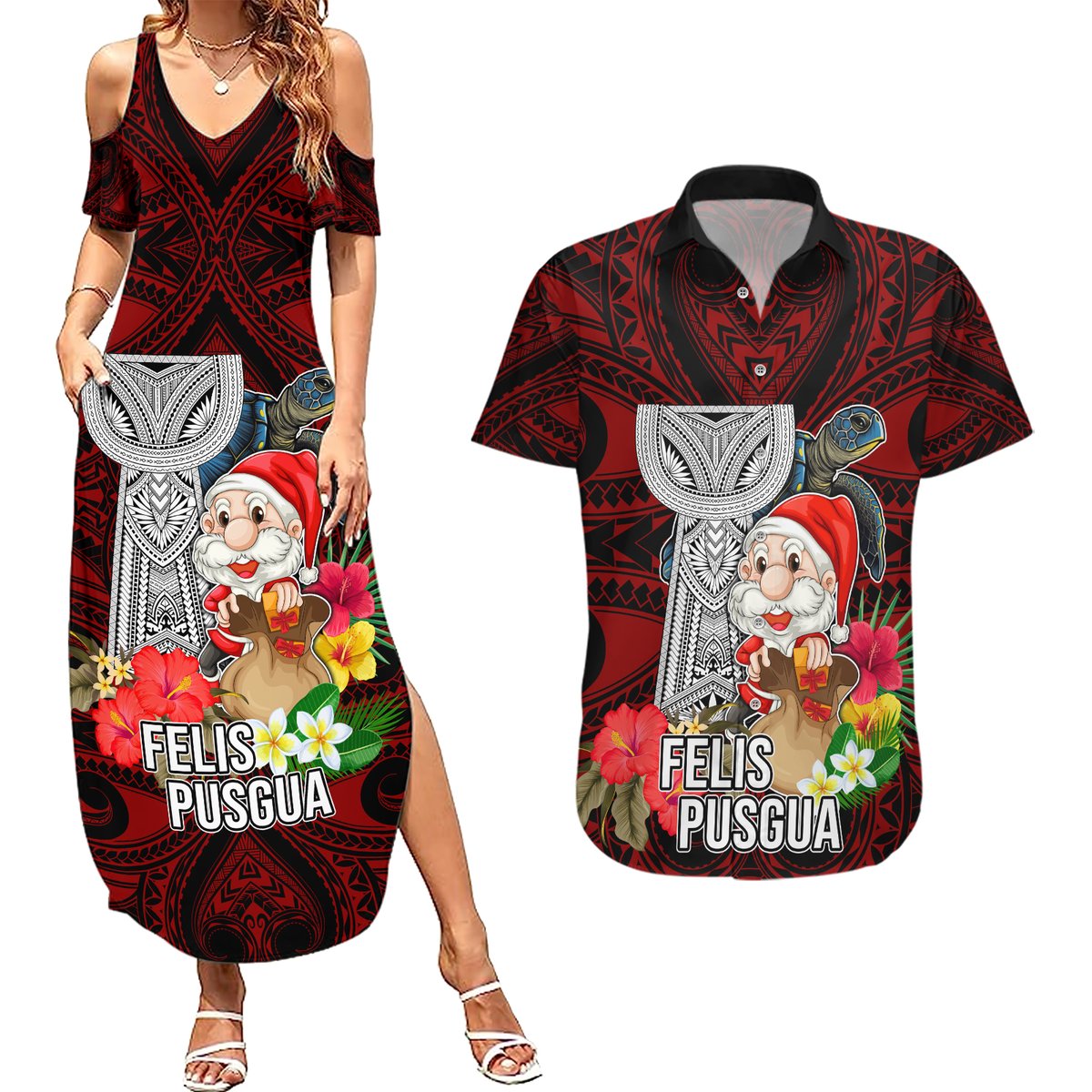 Guam Christmas Couples Matching Summer Maxi Dress and Hawaiian Shirt Santa Gift Latte Stone and Sea Turle Mix Hibiscus Chamorro Red Style LT03