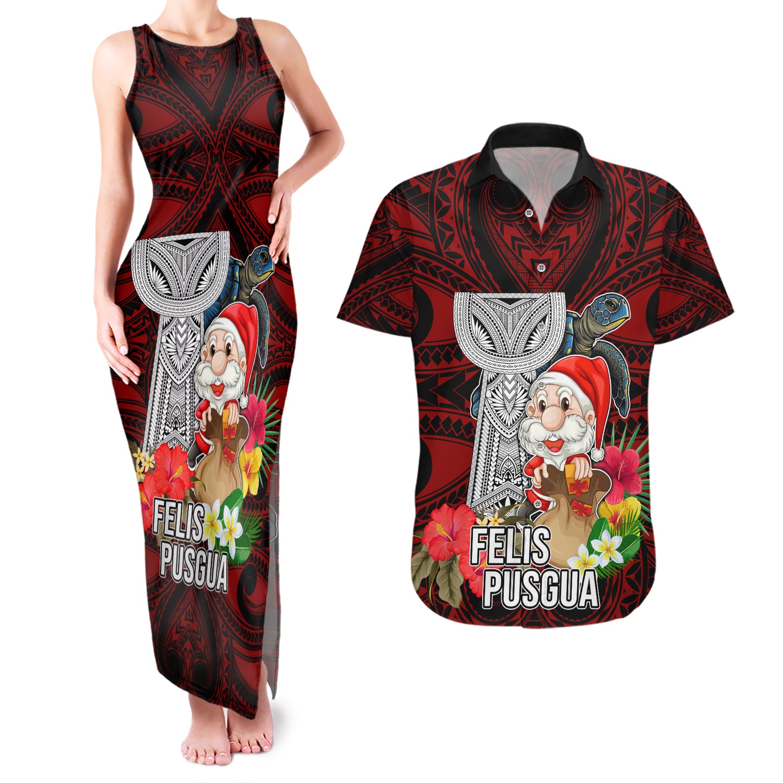 Guam Christmas Couples Matching Tank Maxi Dress and Hawaiian Shirt Santa Gift Latte Stone and Sea Turle Mix Hibiscus Chamorro Red Style LT03