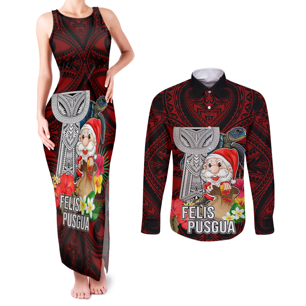 Guam Christmas Couples Matching Tank Maxi Dress and Long Sleeve Button Shirt Santa Gift Latte Stone and Sea Turle Mix Hibiscus Chamorro Red Style LT03