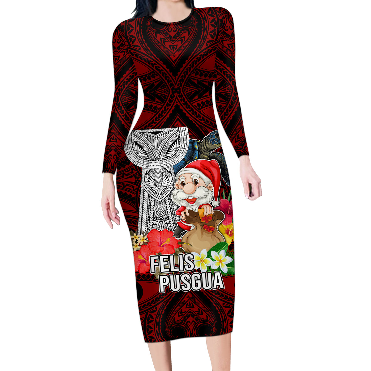 Guam Christmas Family Matching Long Sleeve Bodycon Dress and Hawaiian Shirt Santa Gift Latte Stone and Sea Turle Mix Hibiscus Chamorro Red Style LT03
