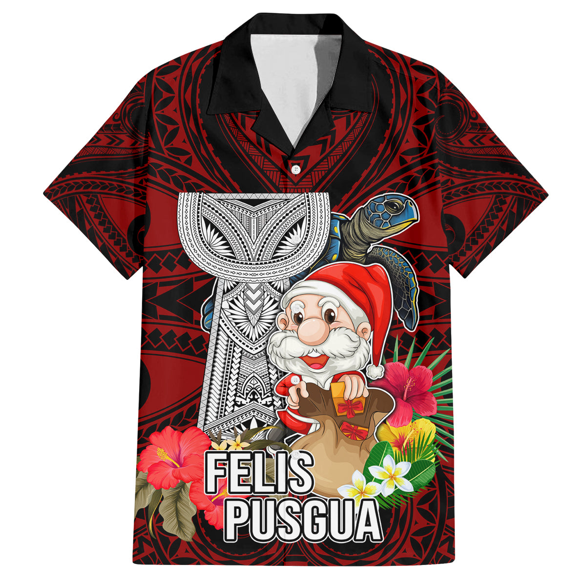 Guam Christmas Family Matching Tank Maxi Dress and Hawaiian Shirt Santa Gift Latte Stone and Sea Turle Mix Hibiscus Chamorro Red Style LT03