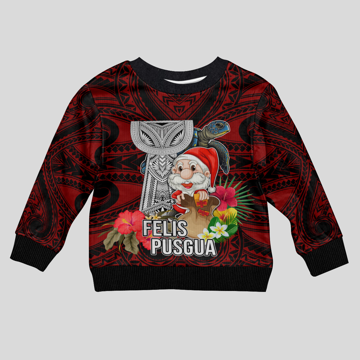 Guam Christmas Kid Ugly Christmas Sweater Santa Gift Latte Stone and Sea Turle Mix Hibiscus Chamorro Red Style LT03 Kid Red - Polynesian Pride