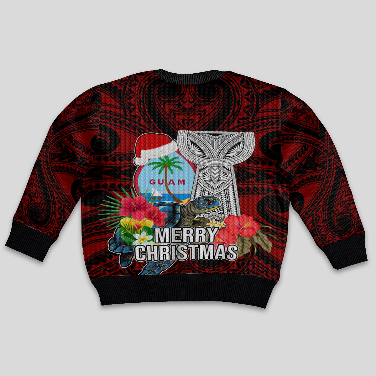 Guam Christmas Kid Ugly Christmas Sweater Santa Gift Latte Stone and Sea Turle Mix Hibiscus Chamorro Red Style LT03 - Polynesian Pride