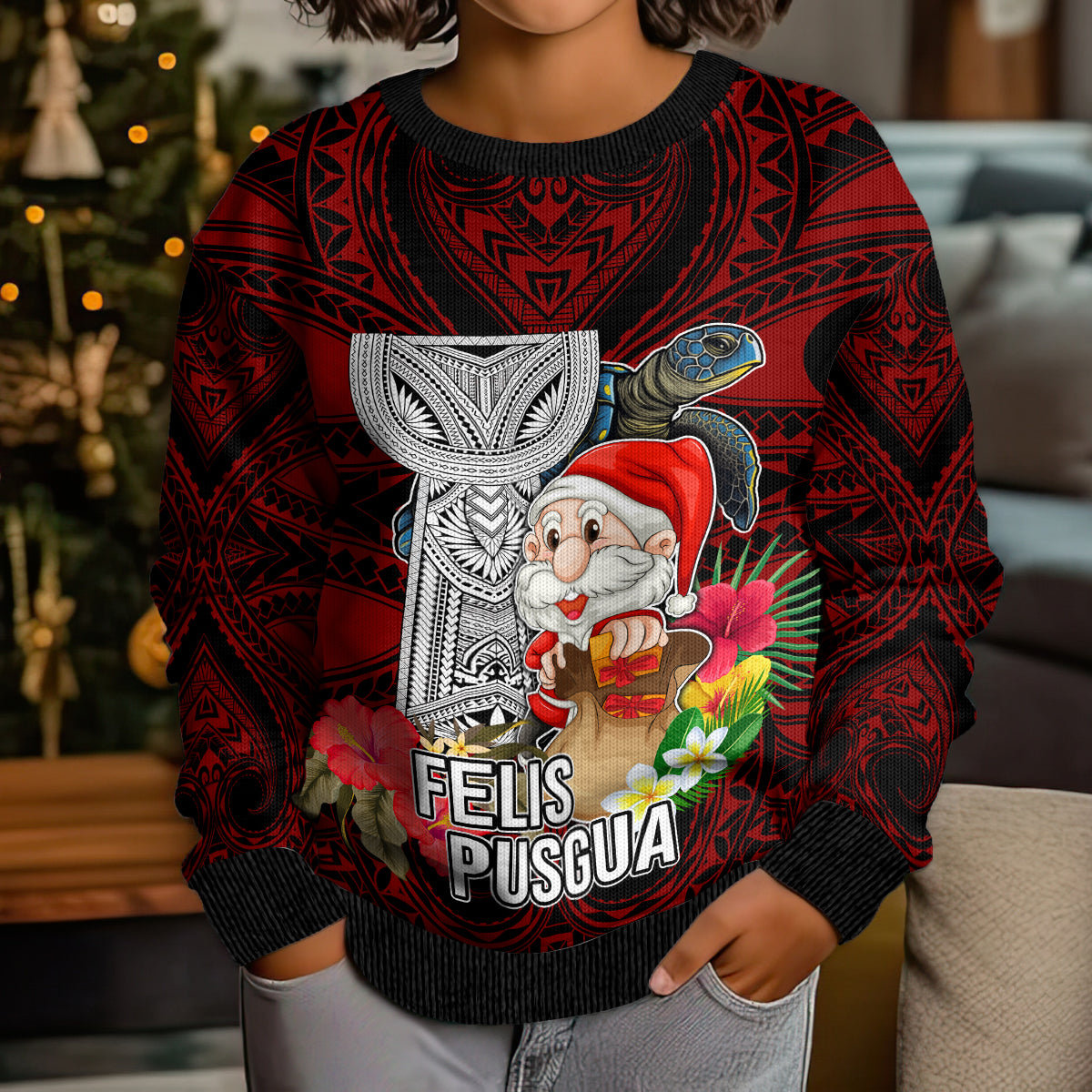 Guam Christmas Kid Ugly Christmas Sweater Santa Gift Latte Stone and Sea Turle Mix Hibiscus Chamorro Red Style LT03 - Polynesian Pride